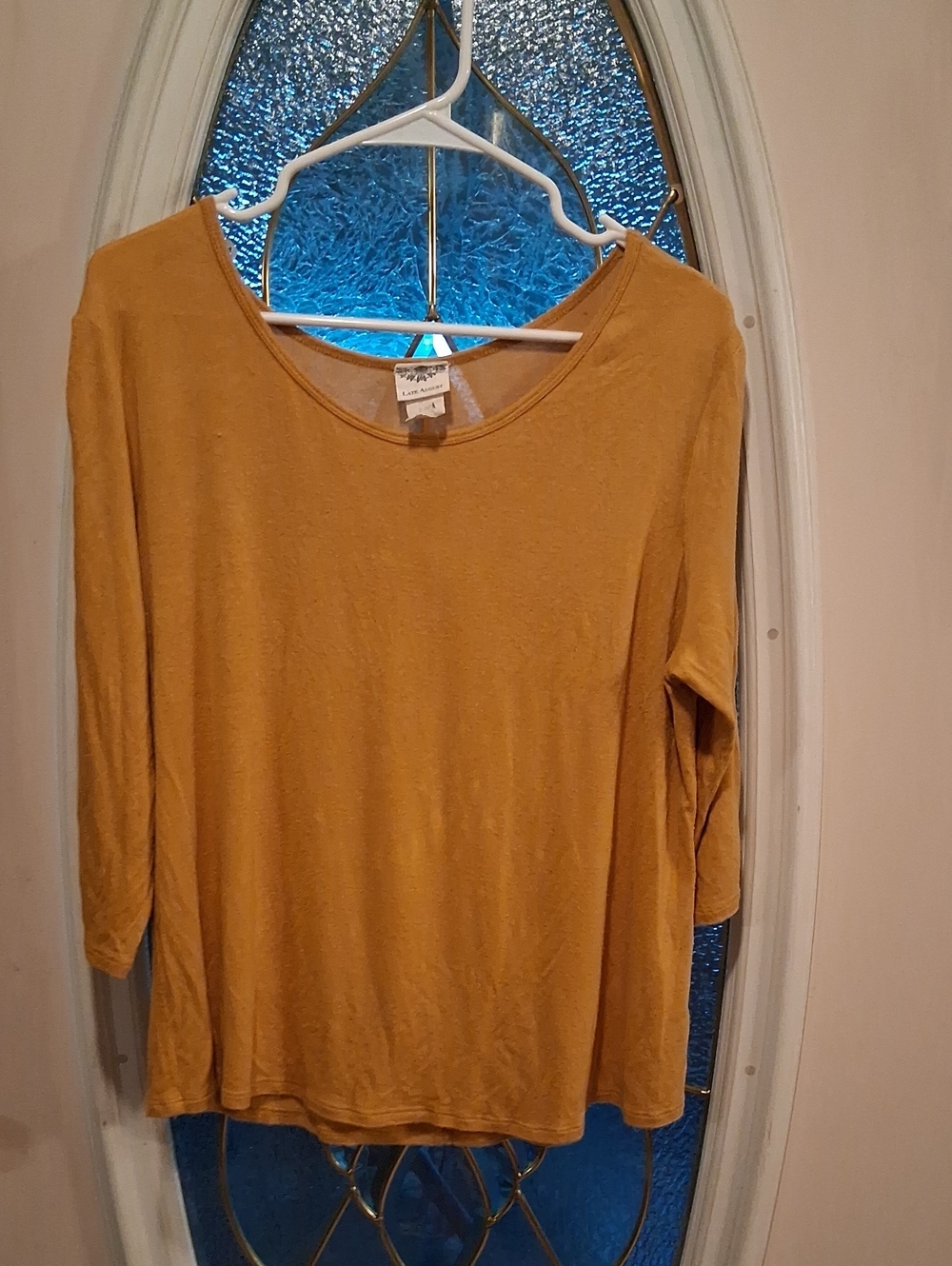 Women's Scoop Neck Long Sleeve Tee in Mustard With Some Peek A Boo Sleves